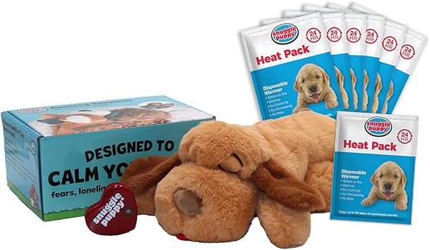 Snuggle Puppy Original Heartbeat Puppy Toy with Real-Feel Pulse & Heat Pack, Calming Sleep Aid for Puppy Anxiety, Crate Training, First Nights & New Puppy Transition - Biscuit Plus 6 Heat Packs