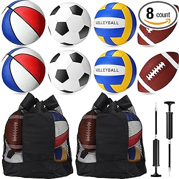 8 Pcs Sports Balls Set Include Basketball Football Soccer Volleyball with 2 Sport Equipment Bags 2 Pumps for Adult Outdoor Sports Gifts