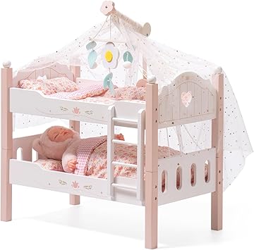 ROBUD Baby Doll Crib, Wooden Baby Doll Beds for 20 Inch Dolls, Baby Doll Bunk Beds with Tulle, American Girl Doll Bed for Gifts, Pink
