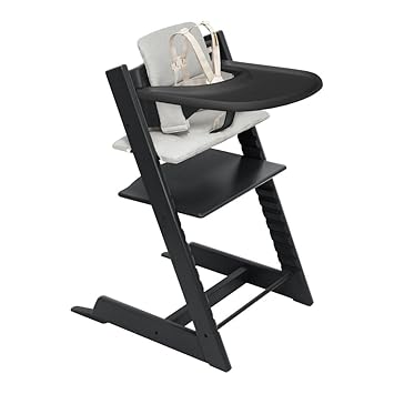 Stokke Tripp Trapp High Chair 2 (Black), Cushion 2 (Nordic Grey) + Stokke Tray (Black) - Includes Chair + Baby Set with Removable Harness for Children 6-36 Months