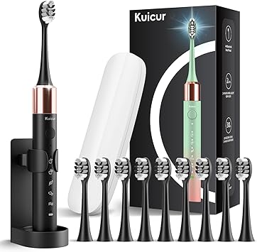 Kuicur Sonic Electric Toothbrush for Adults and Kids, Comes with 10 Brush Heads & Travel Case, 5 Modes with 2 Minutes Built in Smart Timer, One Charge for 90 Days, 42,000 VPM Motor (Black)