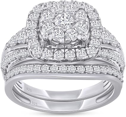 Double Halo Bridal Ring Sets for Women Round Lab Created Moissanite or Lab Grown Diamond Wedding Band Engagement Rings in 14k Gold Plated 925 Sterling Silver Jewelry