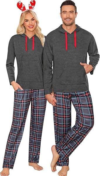SWOMOG Couples Christmas Matching Pajamas Set Women & Men Long Sleeve Sleepwear Hooded Top Plaid Pants Pjs with Pockets