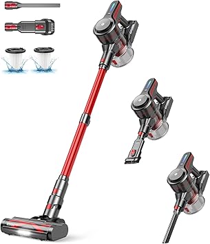 CHEBIO Lightweight Cordless Vacuum Cleaners for Home, Stick Vacuum Cordless Rechargeable with 45kPa Suction,45-Min Run,Anti-Tangle and Self-Stand, 6 in 1 Hardwood Vacuum Cleaner Carpet Pet Hair Floor