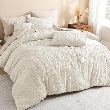 Litanika Beige Super King Plus Comforter, 3 Pieces Cream Tufted Boho Farmhouse Bedding Comforter Sets, Lightweight Fluffy Bed Set for All Season (128x120In Comforter and 2 Pillowcases)