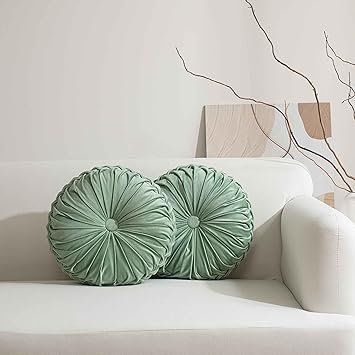 HIG Set of 2 Decorative Round Pleated Throw Pillows, Classy Accent Pumpkin Throw Pillows with Center Button, Vintage Velvet Floor Pillows for Sofa Vanity Chair Bed, Sage, 14.5" Diameter(Ripple)