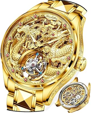 OUPINKE Mens Watches Skeleton Automatic Mechanical Premium with Calendar Sapphire Crystal Tungsten Steel Waterproof Wrist Watch
