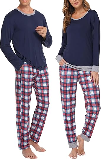 Men & Women Matching Pajama Sets for Family Couples Long Sleeve Sleepwear Plaid Striped Pants with Pockets
