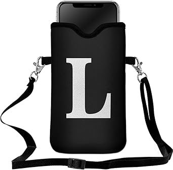 Men Women Universal Neoprene Cell Phone Pouch Sleeve 7.5 X 4.3 in Smart Mobile Protection Case Bag with Crossbody Strap/Neck Lanyard Privacy Case Covers Letter L