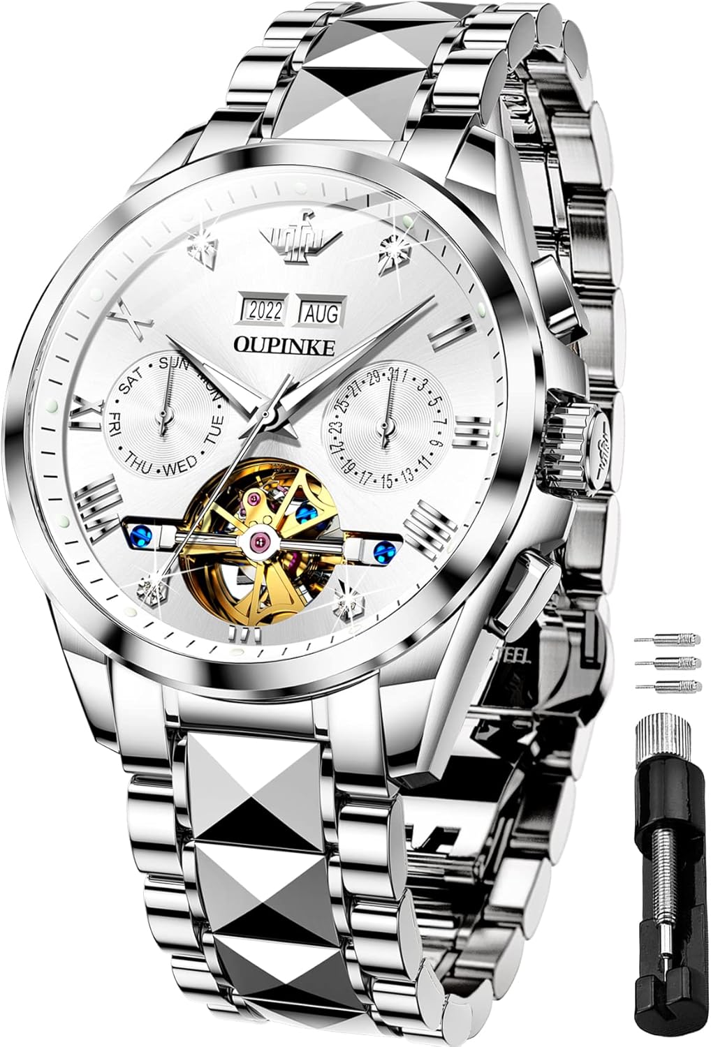OUPINKE Gold Men Automatic Mechanical Wrist Watches Luxury Dress Tungsten Steel Luminous Waterproof Sapphire Diamond Calendar Best Gifts Men