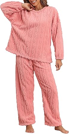 Pajamas for Women Sets Soft Comfy Fluffy Pajama Fleece Pullover Ribbed Pjs Warm Plush Lounge Sleepwear 2 Piece
