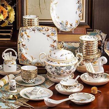 80pcs European Style Dinnerware Sets Luxury Bone China Tableware Sets Kitchen Utensils Dinner Set Bowl Spoon Dinner Plate Set for Home Dinner Set