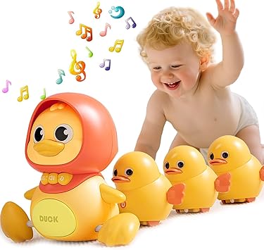 JUYEE Baby Toys 6-12 Months Set of 4 Magnetic Ducks Family, Tummy Time Toys with Music & Lights, Crawling Toys, 1 Year Old Birthday Gifts for Girls & Boys, Gifts for 7 8 9 10 Months Old Babies(4-Pack)