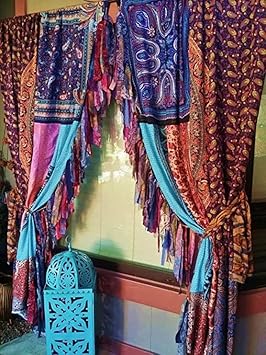 ETHINUMATIC® 2 PCS Indian Silk Saree Curtain Window Treatments Boho Gypsy Hippy Bohemian Wall Hanging Hippy Room Decor Curtain (40)