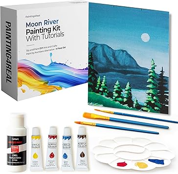 Painting4Real DIY Art Painting Kit for Adults – Learn to Paint Moon River with Video Tutorials – 9 Pieces Acrylic Paint Set for Adults –Perfect Christmas Crafts & Holiday Gifts for Art Lovers