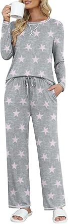 MLXSJ Women's Pajama Sets 2024 Lounge Sets Long Sleeve Sleepwear 2 Piece Pjs with Pockets