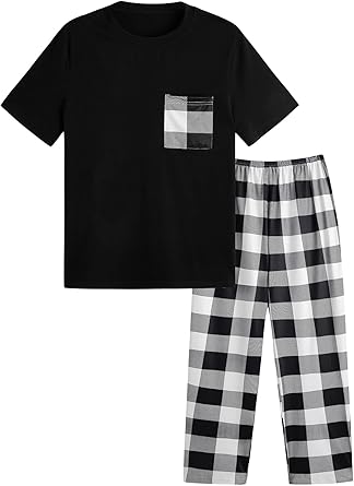 Verdusa Men's 2 Piece Loungewear Pajama Set Plaid Print Short Sleeve Tee Top and Pants Set