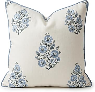 Jillien Harbor “The Camille” Floral Block Print Pillow Cover – Soft Blue and White Decorative Throw Pillow Cover – Grandmillennial Home Decor, 20" x 20"