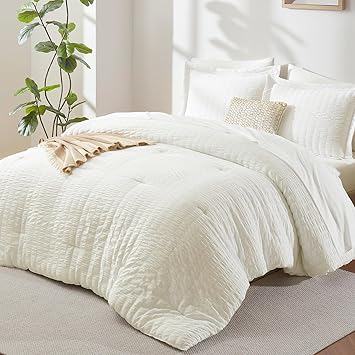 CozyLux Queen Comforter Set Ivory, 7 Pieces Seersucker Textured Luxury Bed in a Bag Queen, All Seasons Soft Bedding Sets with Down Alternative Comforter, Sheets, Pillowcases & Shams, Home Gift