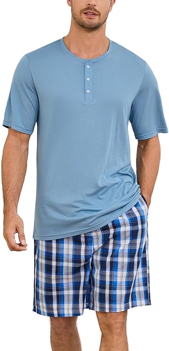 Vulcanodon Mens Pajama Set Short Sleeve, Pajamas Made from Bamboo Pulp Viscose and Cotton Lightweight PJS for Men