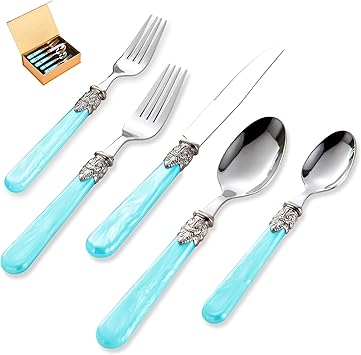 20 pieces Stainless Steel Flatware Sets With White Hanld,Dishware Safe (20, Blue)