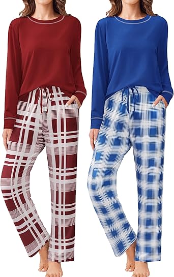 Ekouaer 2 Pack Women Pajama Long Sleeve Sleepwear Soft Loungewear Pjs Sets with Pockets S-XXL