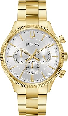 Bulova Men's Classic 6-Hand Chronograph Quartz Gold Stainless Steel Watch, 24 Hour Time, Luminous Hands, 43mm, Style:97A190