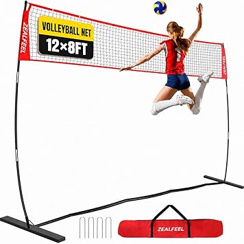 ZEALFEEL Volleyball Net, 12ft/20ft Volleyball Training Net for Backyard Height Adjustable, Portable Freestanding Practice Net for Hitting & Serving Drills, Pop up Net with Carry Bag for Indoor Outdoor