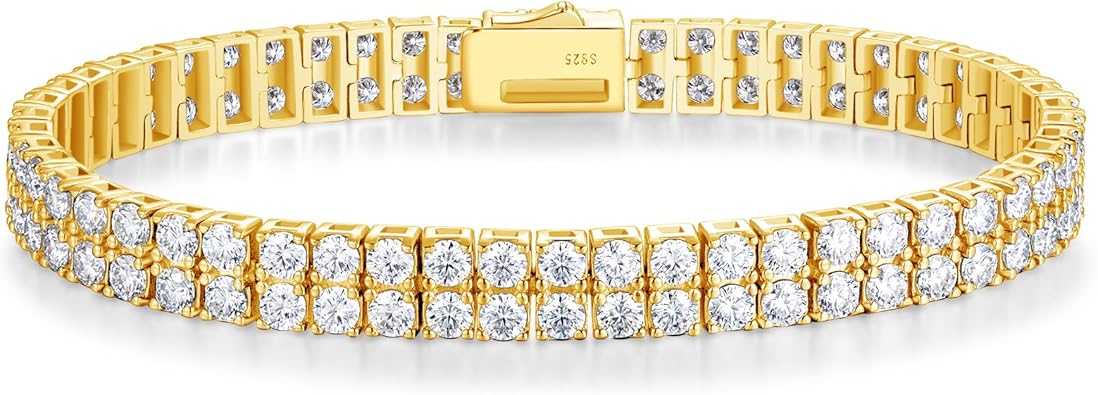 FANCIME Gold Moissanite Tennis Bracelet 11 Carats 2-Row Lab-Grown Diamond Bracelets 925 Sterling Silver Tennis Bracelet 3mm D Color VVS1 Round Cut Moissanite Bracelet for Women 7.5"
