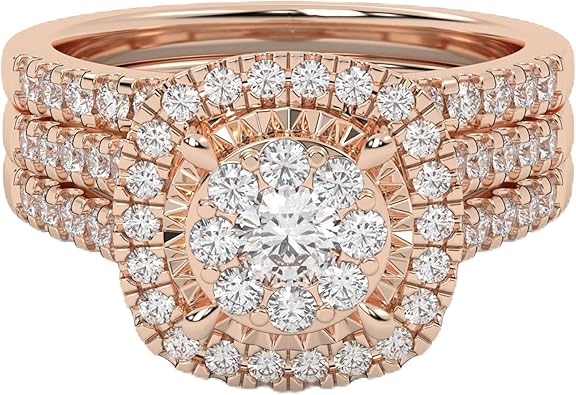 AFFY Bridal Set Rings For Women, 1.00 Carat (ctw) Lab Grown Diamond Halo Wedding Engagement Ring Set In 14K Gold Over Sterling Silver, 10K Or 14K Solid Gold Jewelry