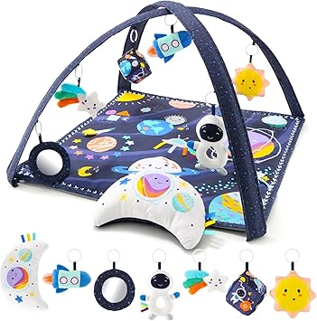 The Peanutshell Unisex Baby Play Gym & 7-in-1 Play Mat - Playmat Baby Toys 0-6, 6-12 Months Tummy Time Mat with Hanging Toys, Soft Padded Mat for Newborns, Infants - Space