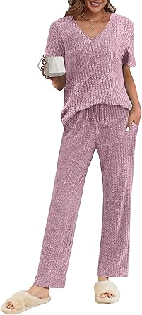 FKEEP Ribbed Knit Pajamas Set Women Two-Piece Nightwear Short Sleeve Sleepwear Soft Side Split Loungewear Pjs Sets