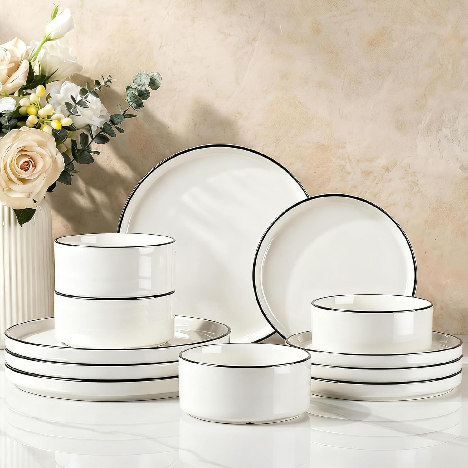 Famiware Porcelain Dinnerware Set, 12-Piece Modern Plate and Bowl Set, Dish Set for 4, Microwave and Dishwasher Safe Tableware, White with Blue Trim