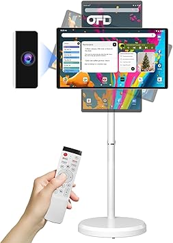 OFD 21.5 Inch 2nd Gen Portable TV on Wheels 1080P,100%sRGB,6+128GB Storage,Android 15 OS Touchscreen RollingTV with 13MP Webcam,Remote Control,Wireless Projection,6000 mAh Battery,EDLA-Certified,White
