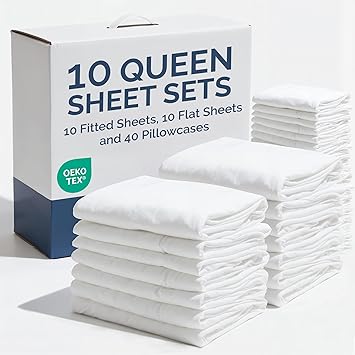 Bulk Case Pack of 10 Sheet Sets - Complete 6 Piece Sheet Sets - Bulk Queen Bedding - Wholesale Case Pack for Hotels, Spa & Airbnbs - Deep Pocket & Wrinkle Free - Cooling & Breathable - Queen, White