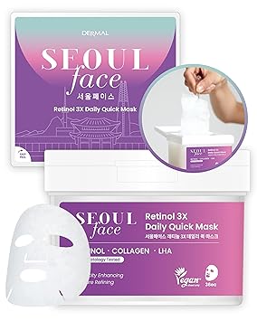 DERMAL Seoul Face Retinol + LHA Daily Quick Sheet Mask, 36 Count Pull-Out Dispenser Box with Tweezers, Pore & Wrinkle Care, Collagen + Peptides, Vegan Tencel