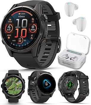 Garmin Fenix 8 – 43 mm Sapphire, AMOLED Multisport GPS Smartwatch, Carbon Gray DLC Titanium with Black/Pebble Gray Silicone, Built-in LED Flashlight White Earbuds Bundle