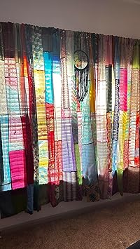 EthinicCraftHub® 1 Pair of Indian Vintage Silk Blend Sari Multi Color (Assorted Color) Handmade Patchwork Curtains Drapes Home Decor Curtain/Panels (50, 210 x 105 cm (83" L x 41" W) Inch)