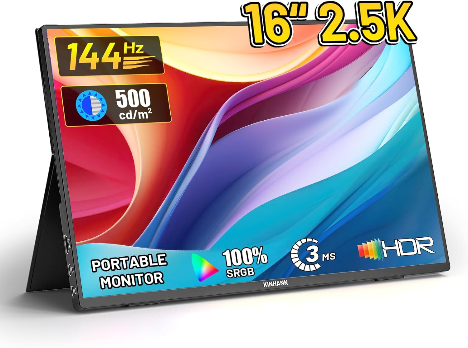 Kinhank 2.5K 144Hz Portable Monitor 16'', Android TV 12.0 OS,2560 * 1600P QHD IPS Portable Gaming Display,FreeSync,500Nits Screen USB-C HDMI Travel Monitor for Laptop PC MAC Phone PS5 Xbox Switch