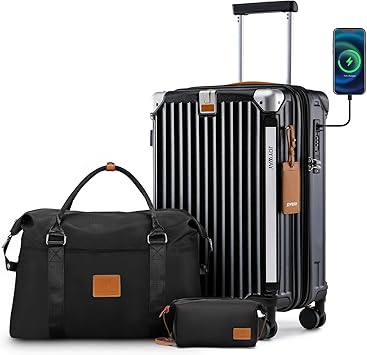 Joyway 20in Carry On Luggage with Cup Holder and USB Port, 25% Expandable Capacity, Smart Suitcase with Anti Slip Wheels and Handbag, Perfect for Men and Women 3 Piece Set Black