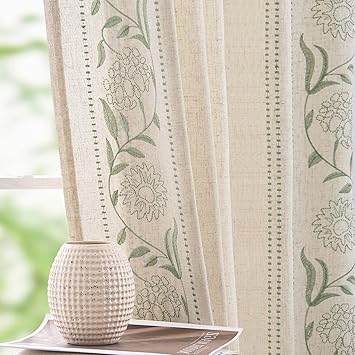 jinchan Winslow Linen Curtains for Bedroom 84 Inches Length Embroidered Bordered Floral Curtains for Living Room Farmhouse Decor Light Filtering Window Treatments Sage on Beige Drapes 2 Panels