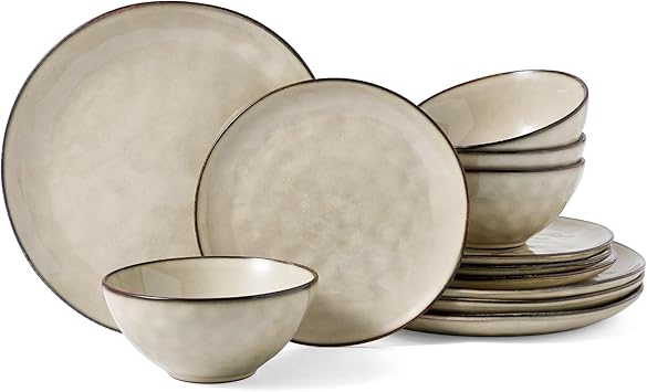 Famiware Dinnerware Sets for 4, Ocean Round 12-Piece Kitchen Plates and Bowls Sets, Microwave and Dishwasher Safe, Scratch Resistant, Light khaki