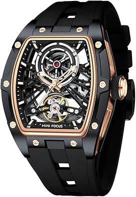 AIMES Men Automatic Watch Tonneau Luxury Skeleton Watches for Men Automatic Mechanical Winding Waterproof Analogue Watches Mens Unique Cool Square Big Face Dial Wristwatch with Silicone Strap Band