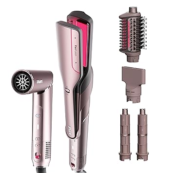 Shark FlexFusion Hair Straightener & Powerful Hair Dryer with Fusion Hair Brush, Ceramic Air Styler with Auto-Wrap Curlers & Concentrator, Ceramic Plates, Cosmic Blush HD641S