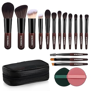 Travel Makeup Brush Set, 15 pcs Mini Makeup Brushes and 2 Puff for Foundation, Powder, Eyeshadow, Highlight, Contour, Blush & Concealer, Small Makeup Brush Set Purse Size with Case (black and brown)