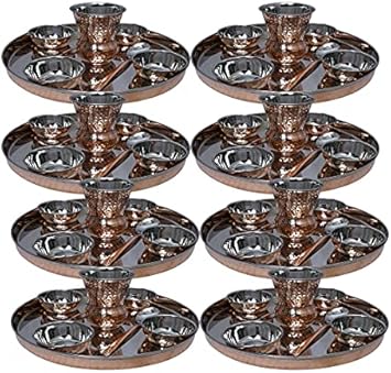 Set Of 8 Stainless Steel Copper Traditional Dinnerware Set Of Thali Plate, Bowls, Glass And Spoon, Diameter 12-Inch