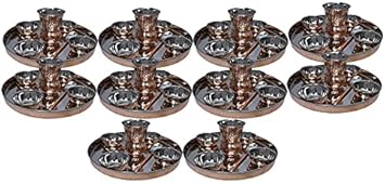 Pack of 10 Set Stainless Steel Copper Traditional Dinnerware Set of Thali Plate, Bowls, Glass and Spoon, Diameter 12-Inch