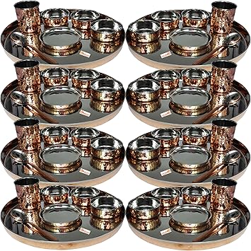 Pack Of 8 Set Stainless Steel Copper Traditional Dinnerware Set Of Thali Plate, Bowls, Glass And Spoon, Diameter 13-Inch