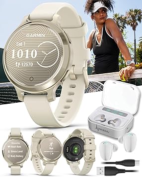 Garmin Lily 2 Active, Lunar Gold with Bone Silicone Band, Small and Stylish Smartwatch, Built-in GPS, Hidden Display, Patterned Lens, Up to 9 Days Battery Life White Earbuds Bundle