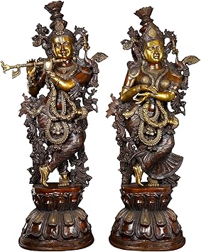 Exotic India Double Chola 48'' Radha Krishna Divine Pair Idol Murti Brass Statue | Lord Krishna Hindu Divine Couple Figurine | Gift for Home Decorative, Office, Table Decoration